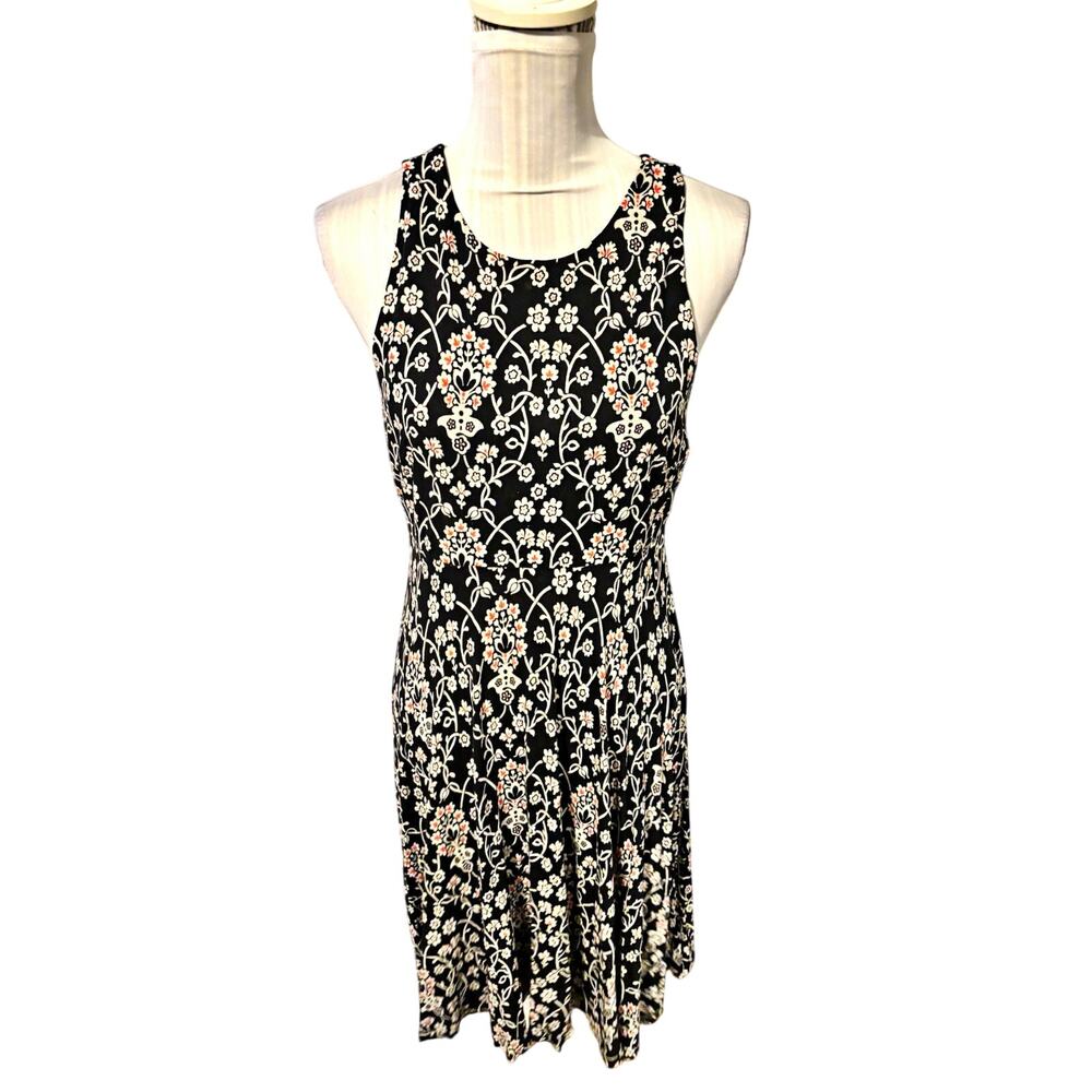 LOFT Black Floral Scoop Neck Sleeveless A-Line Knee Dress Size S